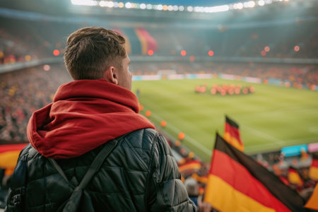 Soccer fan or football fan with flag at cheering while winning match. Generative AIの素材