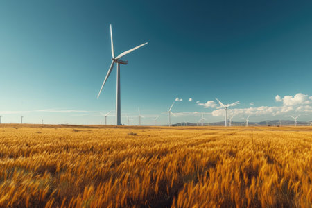 Windmills turbines in a natural field. Renewable Energy concept. Generative AIの素材