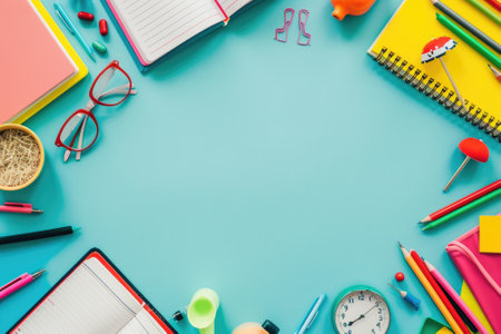 Top view colorful school supplies on table background. Back to school concept. Generative AIの素材