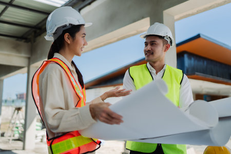 team engineer, foreman, architect meeting for colleagues discussing and checks construction...