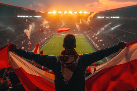 Soccer fan or football fan with flag at cheering while winning match. Generative AIの素材