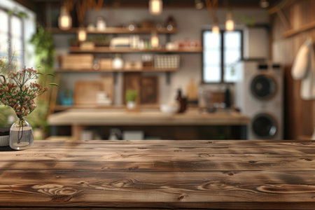 Empty wooden table with restaurant blur background. Generative AIの素材