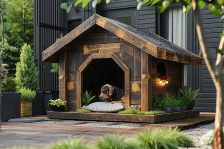 Dog house on wooden eco style. Generative AIの素材