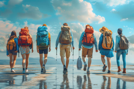 Group travelers. Travel with backpack. Generative AIの素材
