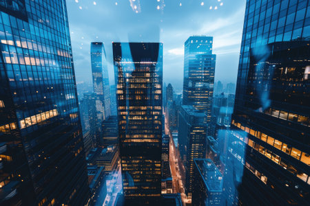 Abstract night cityscape background. Smart city, ai and digital transformation concept. Double exposureの素材