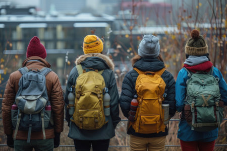 Group travelers. Travel with backpack. Generative AIの素材