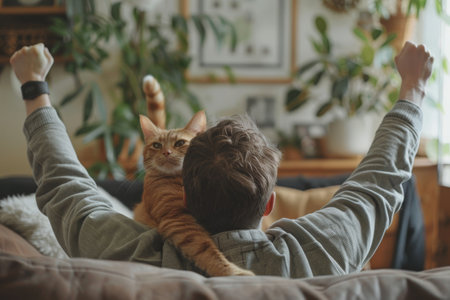 Sport fan cheering while a match winning with cat at home. Generative AIの素材