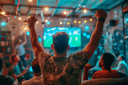 Sport fan cheering while a match winning with cat at home. Generative AIの素材