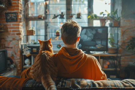 Sport fan cheering while a match winning with cat at home. Generative AIの素材