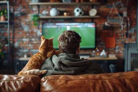 Sport fan cheering while a match winning with cat at home. Generative AIの素材