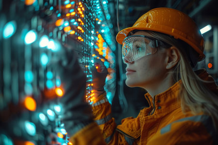 Engineer working on holographic projection 3D model in engine. Generative AIの素材