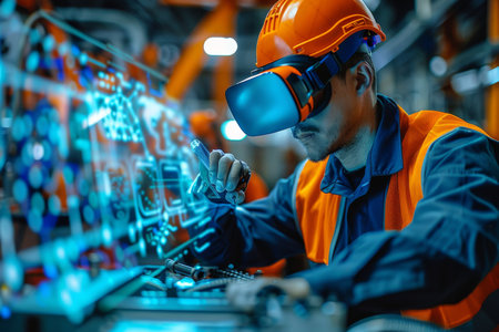 Engineer working on holographic projection 3D model in engine. Generative AIの素材