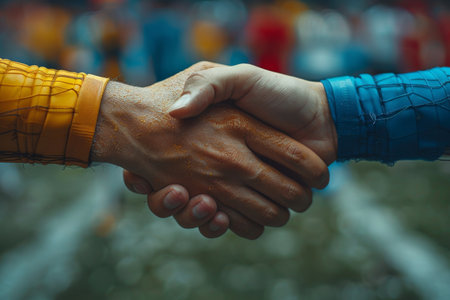 Athlete handshake when winning football match. Generative AIの素材