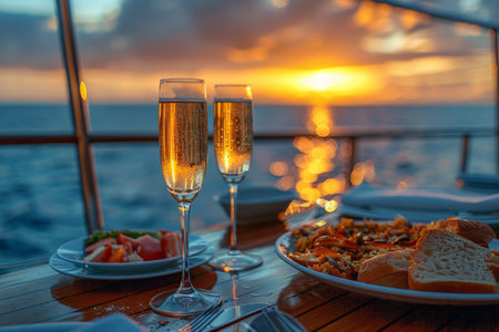 Champagne glasses on the table in Luxury cruise ship. travel concept. Generative AIの素材