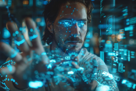 Man using virtual entertainment with virtual reality goggles. Generative AIの素材