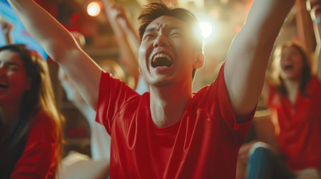 Sport fans Celebrating Goal in Home Soccer Match Viewing. Generative AIの素材