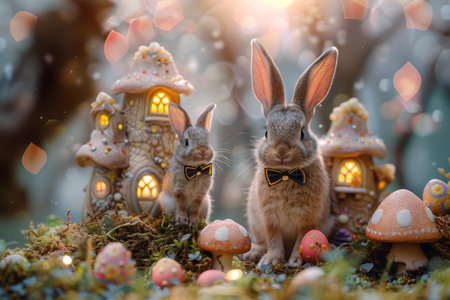 Easter Bunny rabbit with egg in wonderland. Generative AIの素材