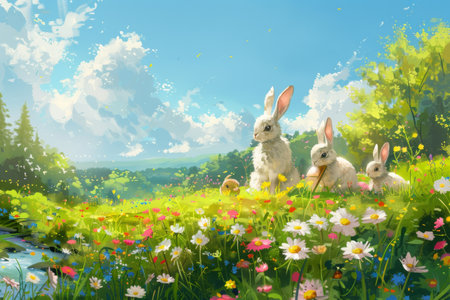 Easter Bunny rabbit with egg in wonderland. Generative AIの素材