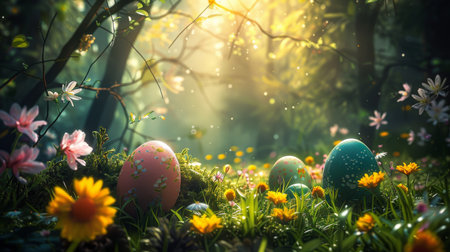 Easter Bunny rabbit with egg in wonderland. Generative AIの素材