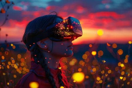 A woman wearing VR headset user, surreal world and virtual reality, colorful flowers fields. Generative AIの素材