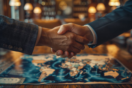 Close up business professional handshake with new partnership on private jet meeting room. Generative AIの素材