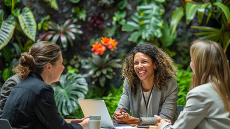 A cheerful woman with curly hair engaging in a conversation with colleagues at a professional networking event indoors. Generative AIの素材