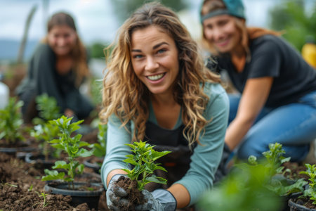 Volunteers Planting Young Trees in Garden. Generative AIの素材