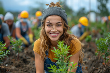 Volunteers Planting Young Trees in Garden. Generative AIの素材