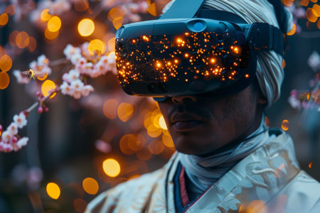 Woman wearing Virtual Reality goggles. futuristic technology concept. Generative AIの素材