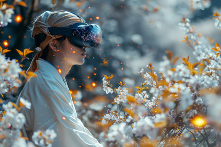 Woman wearing Virtual Reality goggles. futuristic technology concept. Generative AIの素材