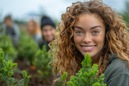 Volunteers Planting Young Trees in Garden. Generative AIの素材