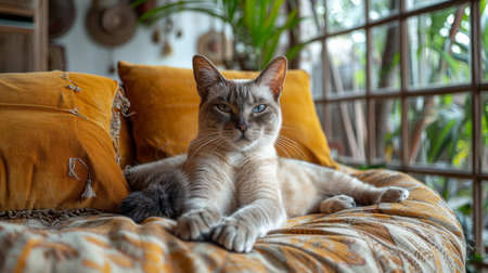 Cat inside a round modern family room. Generative AIの素材