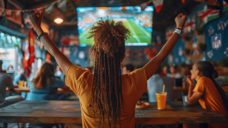 Sport fans cheering a football or soccer in a restaurant while team wining. Generative AIの素材