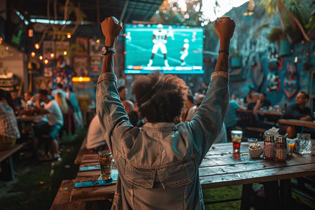 Sport fans cheering a football or soccer in a restaurant while team wining. Generative AIの素材