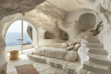 A serene cave bedroom featuring a comfortable bed, natural textures, and a breathtaking view of the sea. Generative AIの素材