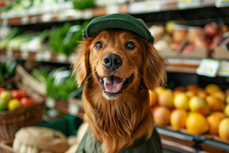 A dog is standing in front of a pile of fruits and vegetablesの素材