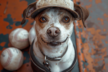 Dog playing and wearing a baseballの素材