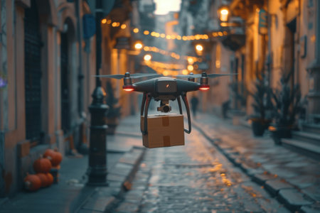A drone is flying over a city with a box on it. Futuristic Logistic conceptの素材