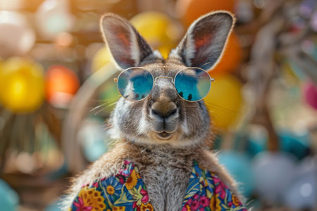 Three kangaroos are dressed in Hawaiian shirts and standing on a wooden deckの素材