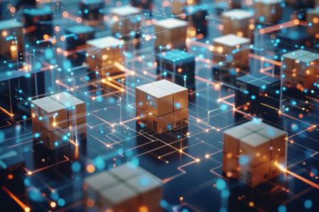 A futuristic scene with boxes moving along a conveyor belt. Logistic conceptの素材