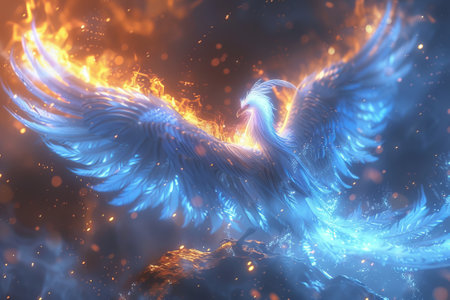 A Phoenix bird is surrounded by a circle of fireの素材