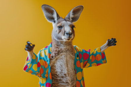 A kangaroo wearing sunglasses and a Hawaiian shirt is standing on a beachの素材