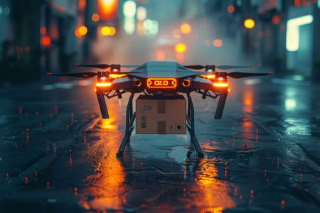 A drone is flying over a city with a box on it. Futuristic Logistic conceptの素材