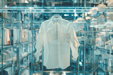 A white shirt hanging in a store windowの素材
