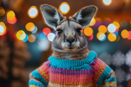 A kangaroo wearing sunglasses and a Hawaiian shirt is standing on a beachの素材