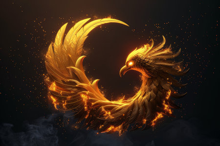 A Phoenix bird is surrounded by a circle of fireの素材