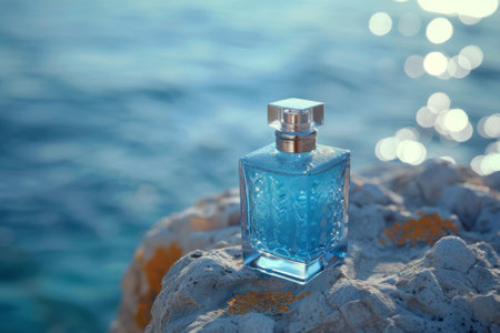A bottle of perfume is sitting on a rock by the waterの素材