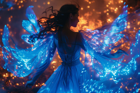 A woman is standing in front of a blue background with many butterflyの素材