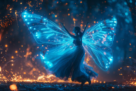 A woman is standing in front of a blue background with many butterflyの素材