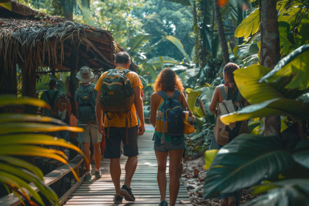 A group of people are hiking through a forestの素材